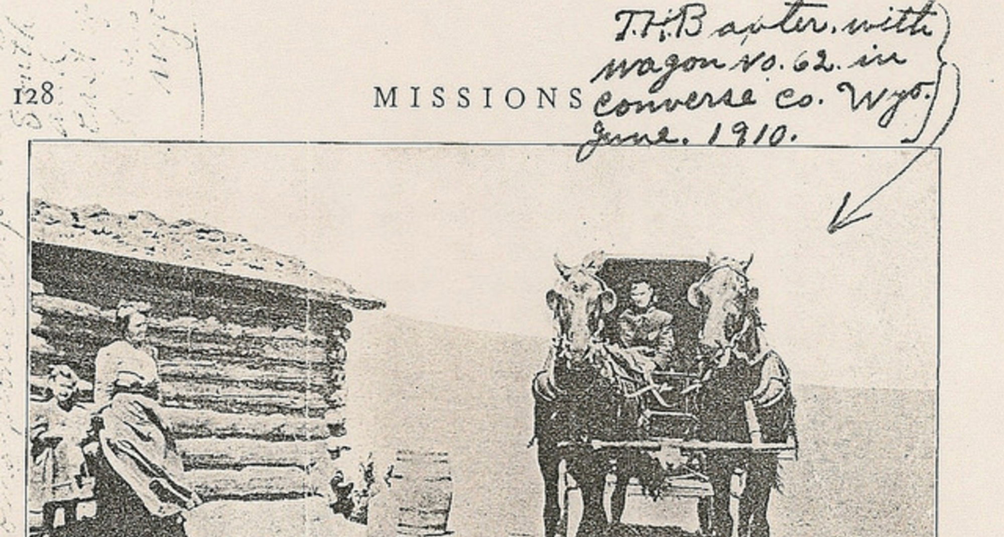Rev. T.H. Baxter's wagon, photographed in Converse County. A colporteur, he reached Jackson on July 10 after ten days on the road from Evanston.