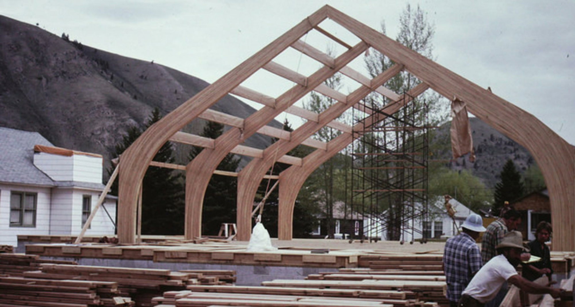 The cedar sanctuary going up. Kay Northup designed the stained glass cross.
